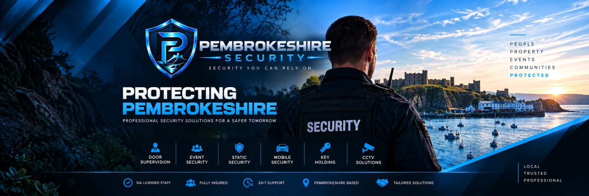 PSS security branding overlooking a Pembrokeshire harbour